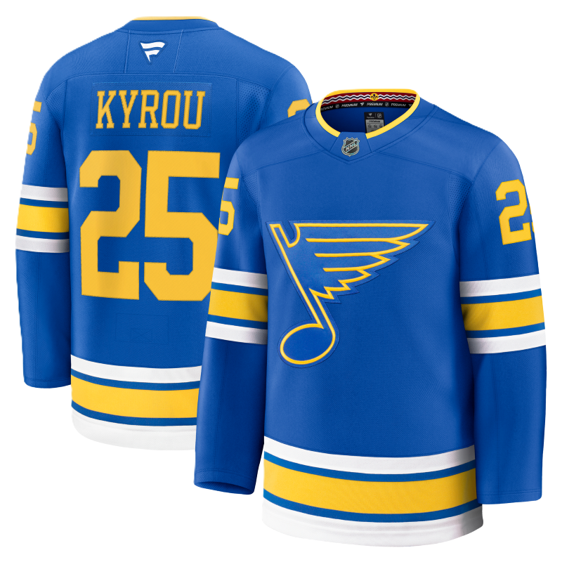 ST. LOUIS BLUES FANATICS PREMIUM JORDAN KYROU #25 HOME JERSEY