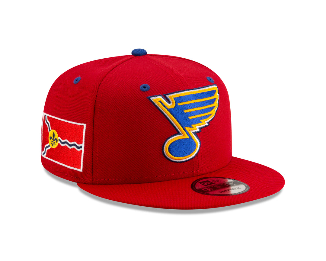 ST. LOUIS BLUES NEW ERA 9FIFTY BLUES CITY FLAG HAT - RED Adjustable Cap New Era