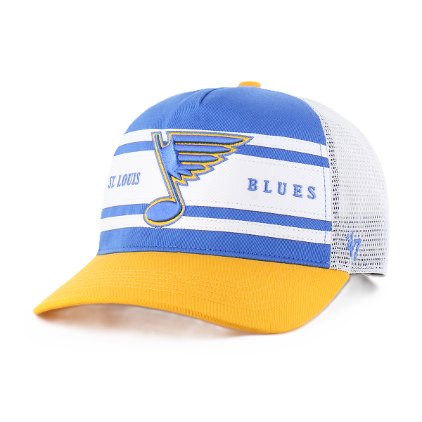 ST. LOUIS BLUES ’47 BRAND NOTE LOGO DOUBLE HEADER MESH SNAPBACK – BLUE/WHITE Adjustable Cap '47 Brand