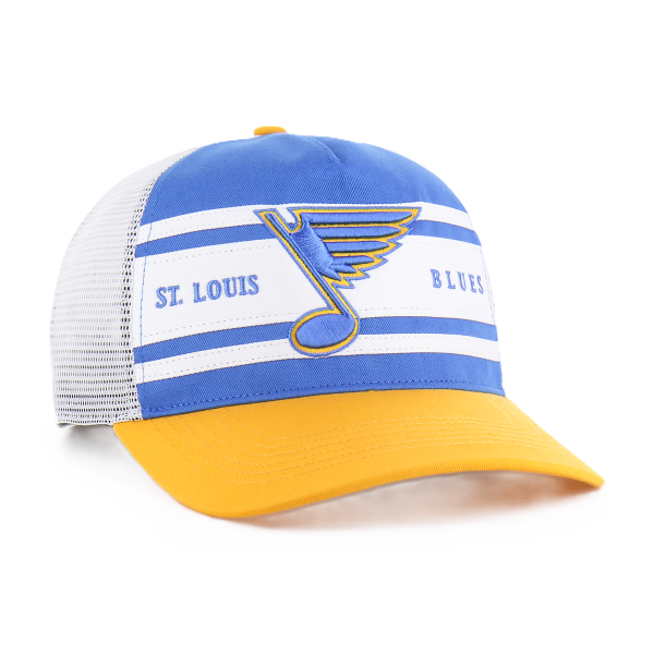 ST. LOUIS BLUES ’47 BRAND NOTE LOGO DOUBLE HEADER MESH SNAPBACK – BLUE/WHITE Adjustable Cap '47 Brand