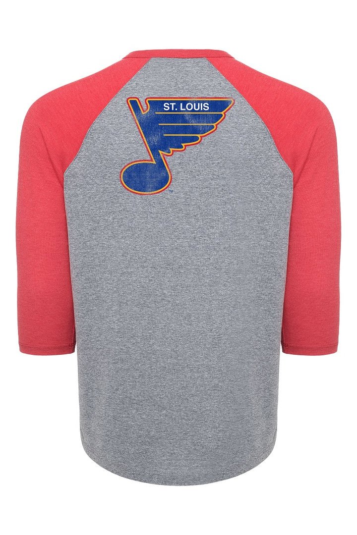 ST. LOUIS BLUES SPORTIQE RETRO CIRCLE SCHWARBER RAGLAN TEE - GREY/RED