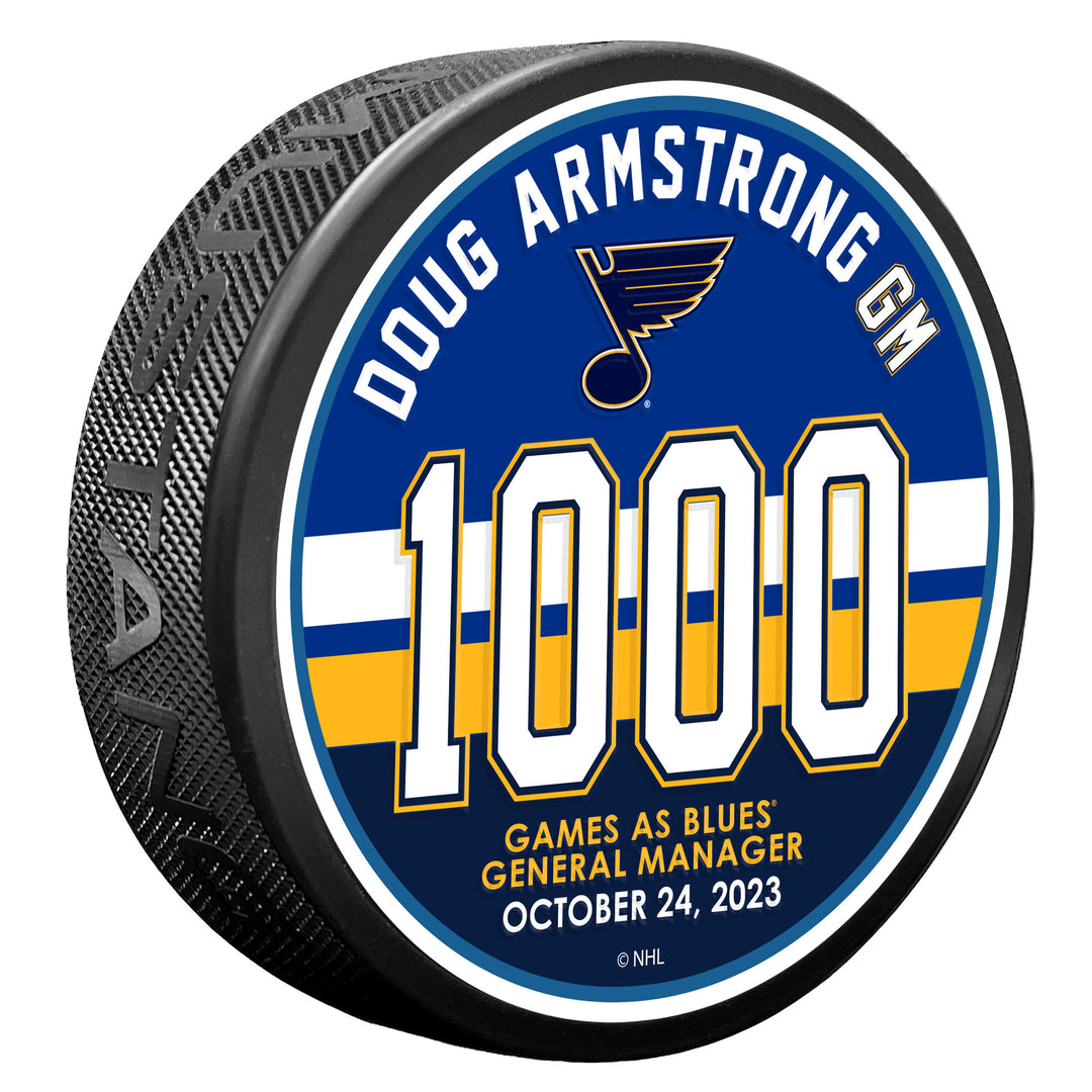 ST. LOUIS BLUES DOUG ARMSTRONG 1000th GAME PUCK Puck Mustang Products