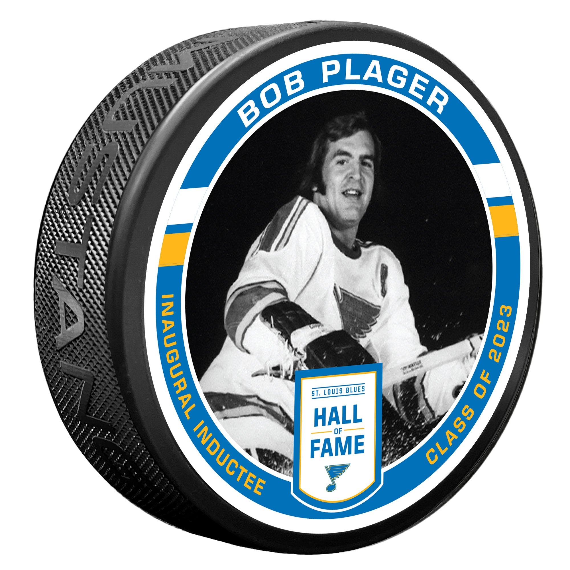 ST. LOUIS BLUES MUSTANG BOB PLAGER HALL OF FAME PUCK - BLACK