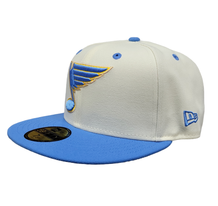 ST. LOUIS BLUES NEW ERA 5950 WHITE CHROME FITTED HAT - AIRFORCE BLUE
