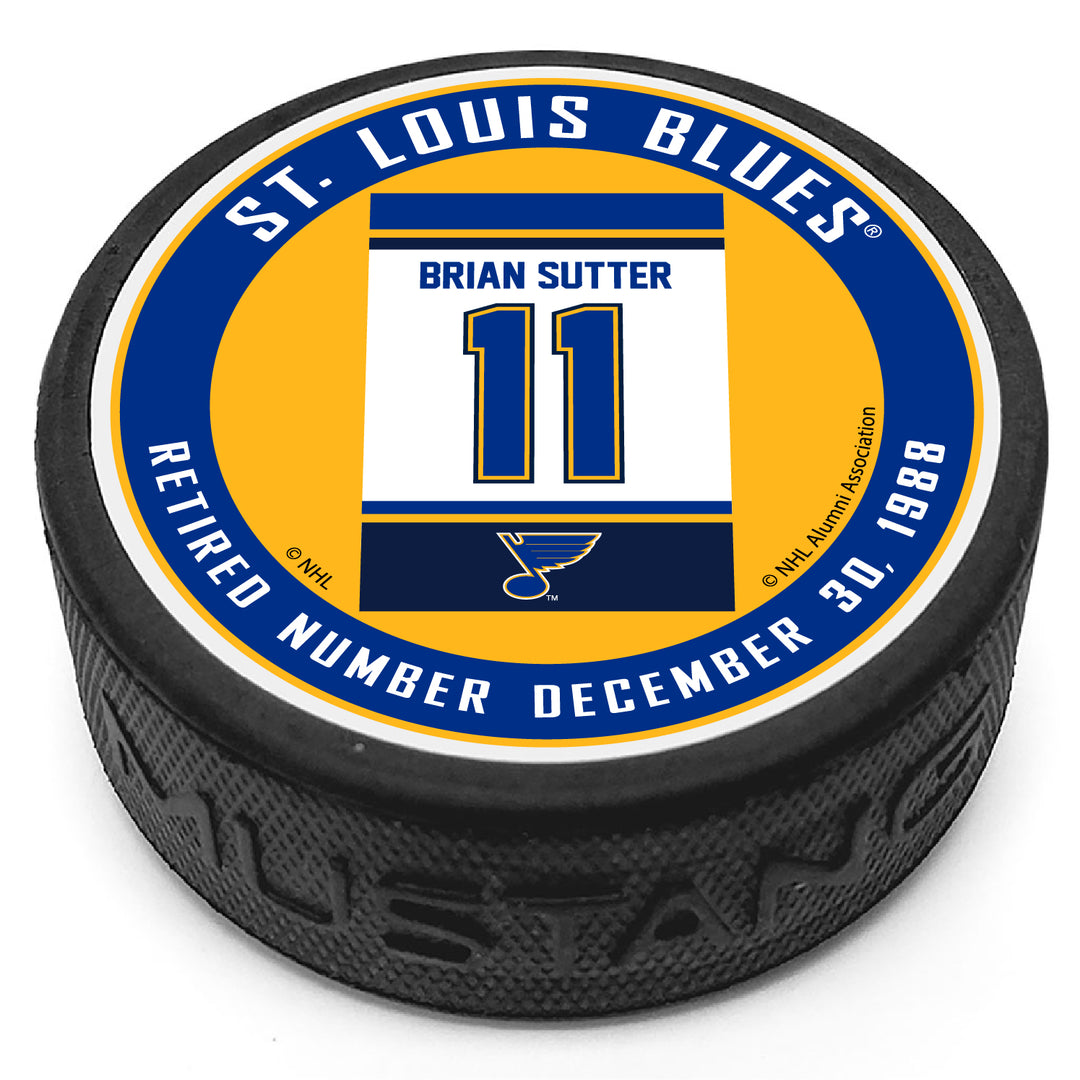ST. LOUIS BLUES MUSTANG PRODUCTS RAFTER BRIAN SUTTER 11 PUCK