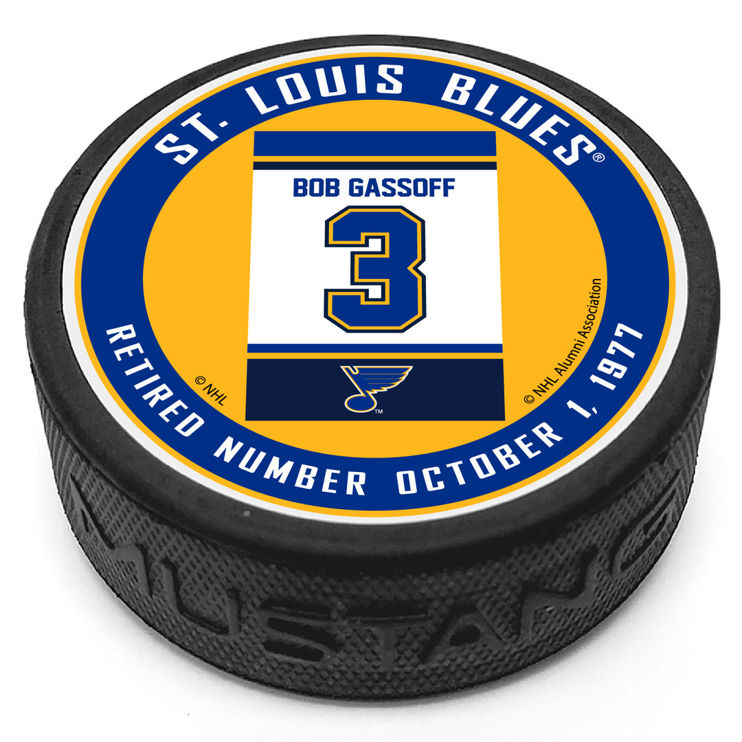 ST. LOUIS BLUES MUSTANG PRODUCTS RAFTER BOB GASSOFF 3 PUCK