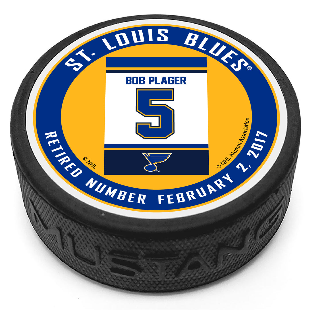 ST. LOUIS BLUES MUSTANG PRODUCTS RAFTER BOB PLAGER 5 PUCK Puck Mustang Products