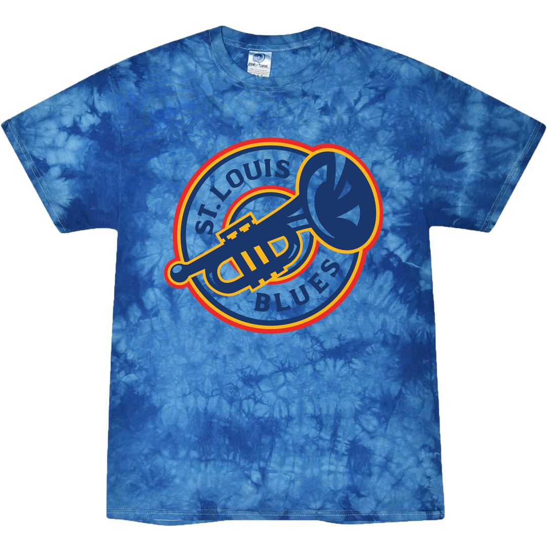 ST. LOUIS BLUES SERIES SIX RETRO TRUMPET TIE-DYE SHORT SLEEVE T-SHIRT - BLUE Short Sleeve Series Six