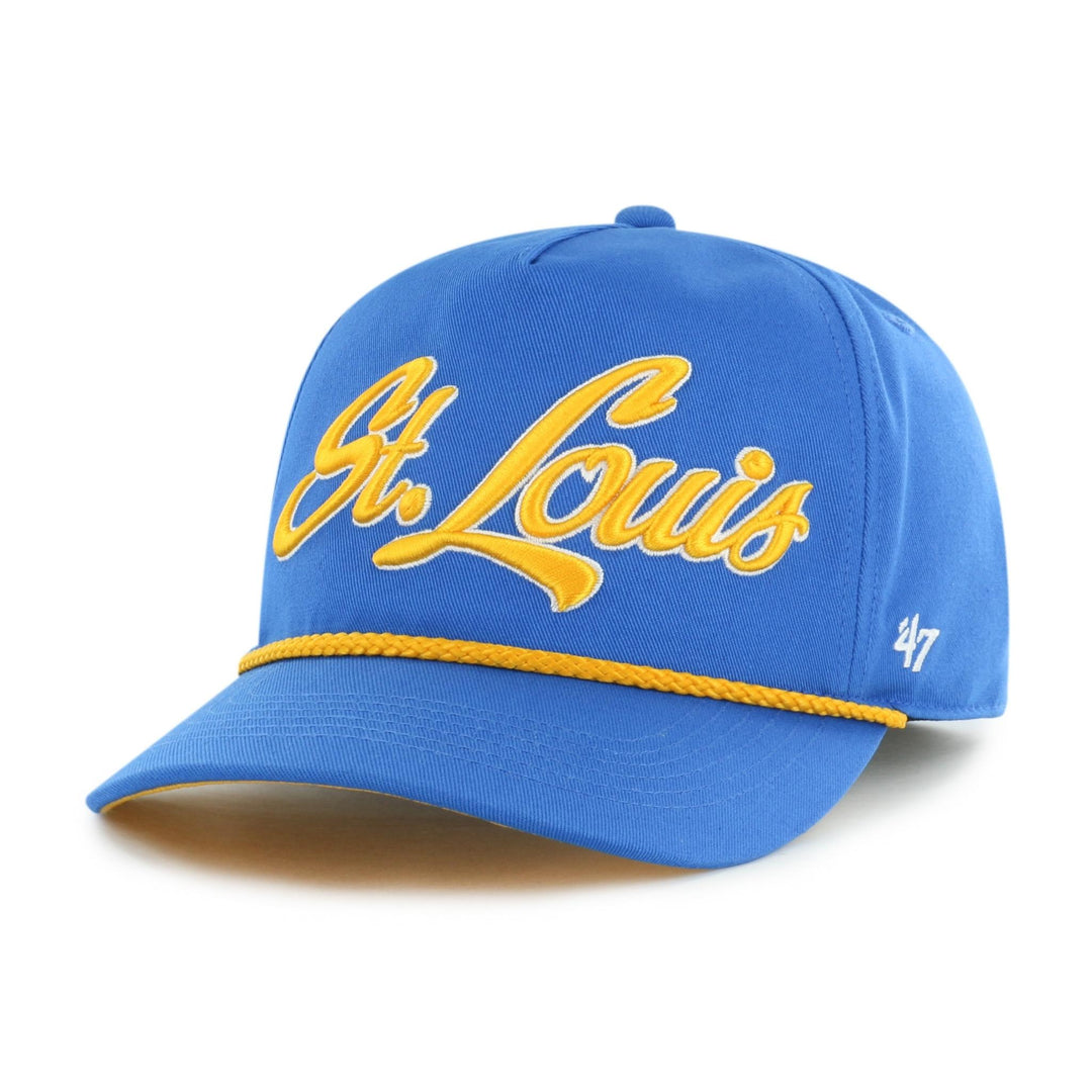 A blue St. Louis baseball cap with yellow embroidered script on the front, a yellow rope detail across the brim, and a white '47 logo on the side, shown on a white background.