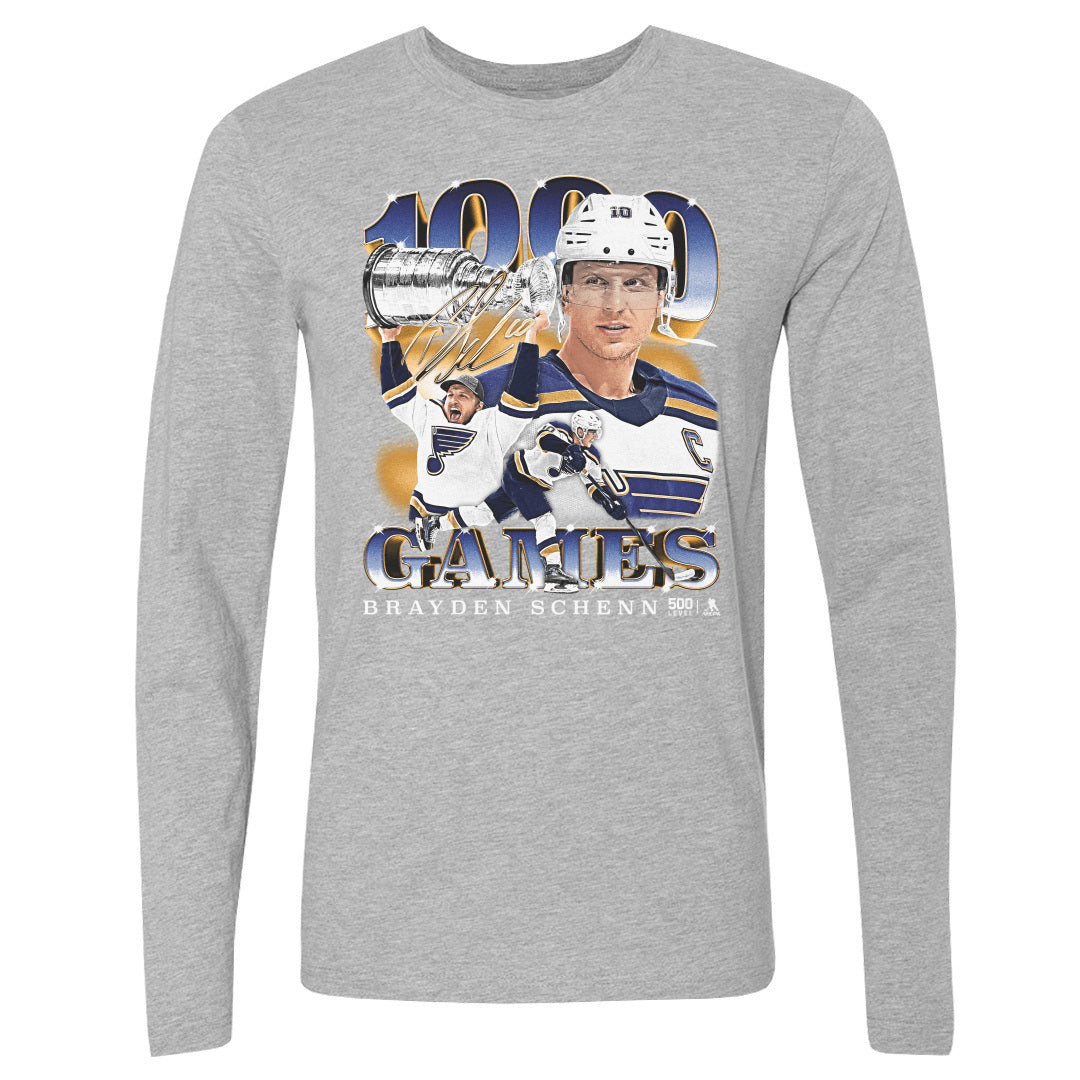 Brayden Schenn St. Louis Blues 1000th Game Long Sleeve Tee - 2 Colors Men's Long Sleeve T-Shirt 500 LEVEL Men's Long Sleeve T-Shirt Heather Gray S