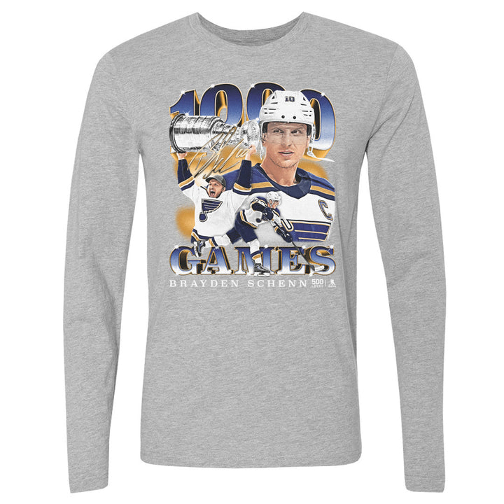 Brayden Schenn St. Louis Blues 1000th Game Long Sleeve Tee - 2 Colors Men's Long Sleeve T-Shirt 500 LEVEL Men's Long Sleeve T-Shirt Heather Gray S