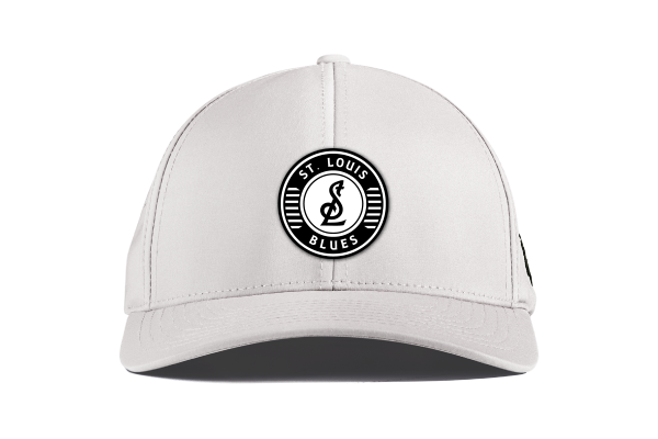 BLUES CURVED 5-PANEL SNAPBACK CIRCLE STL LOGO - White Hat Branded Bills