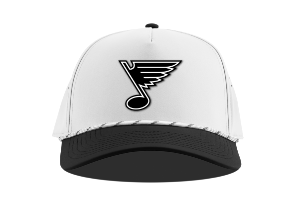 BLUES CURVED 5-PANEL ROPE SNAPBACK NEW NOTE LOGO - White and Black Hat Branded Bills