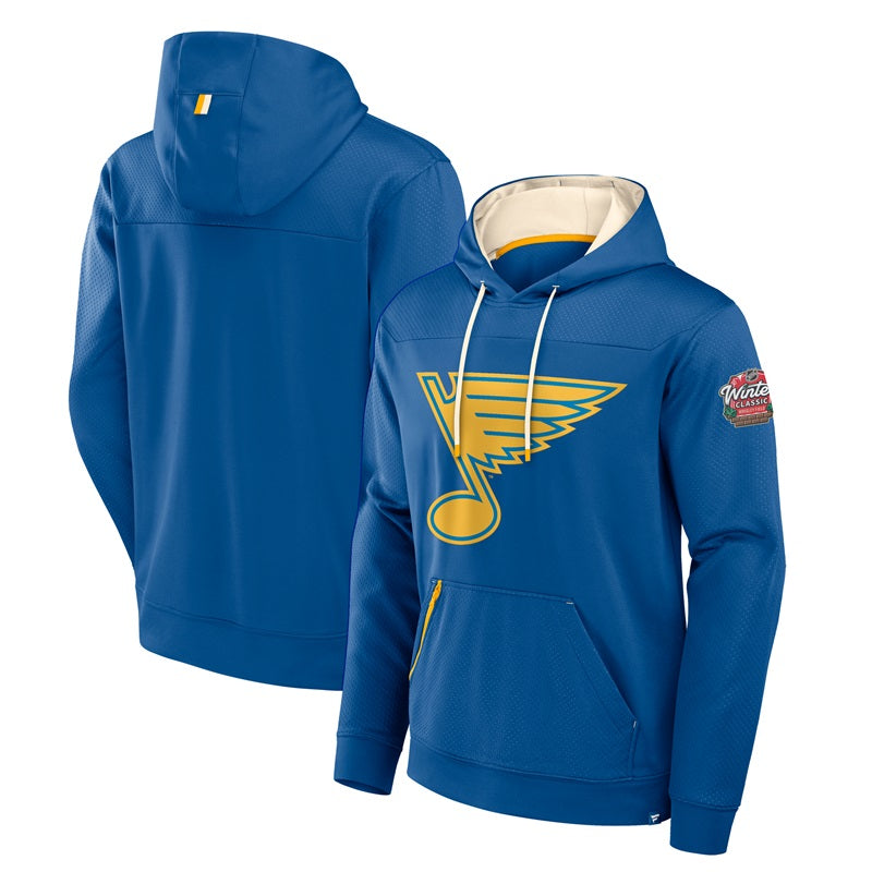 Men s Fanatics Blue St. Louis Blues 2025 NHL Winter Classic Defender Poly Fleece Pullover Hoodie Size Small