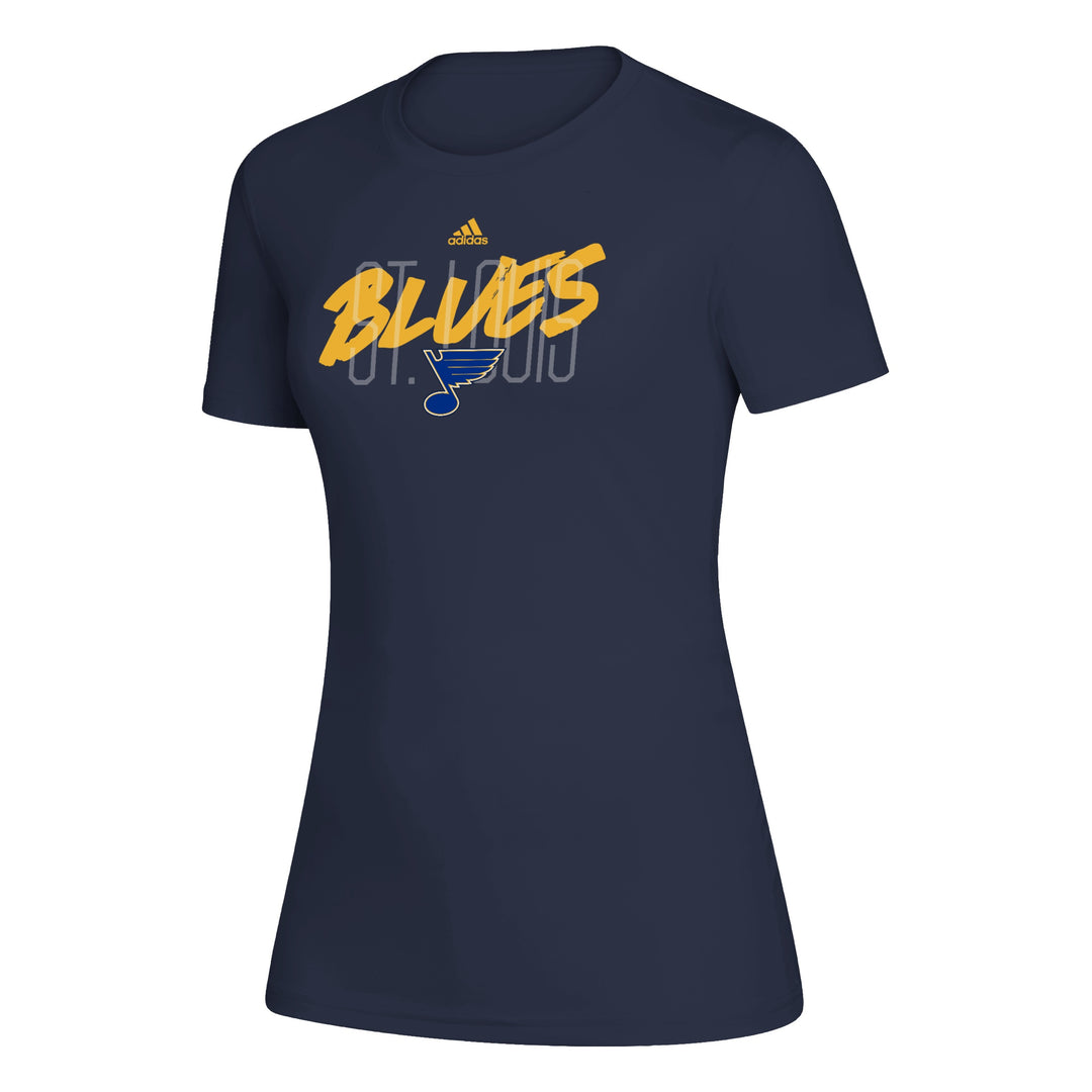 ST. LOUIS BLUES WOMENS ADIDAS SCRIPT PERFORMANCE TECH TEE - NAVY