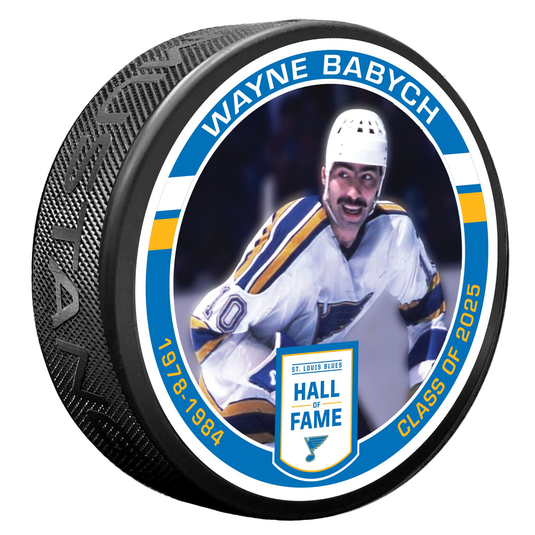 ST. LOUIS BLUES MUSTANG WAYNE BABYCH HALL OF FAME PUCK - BLACK Puck Mustang Products