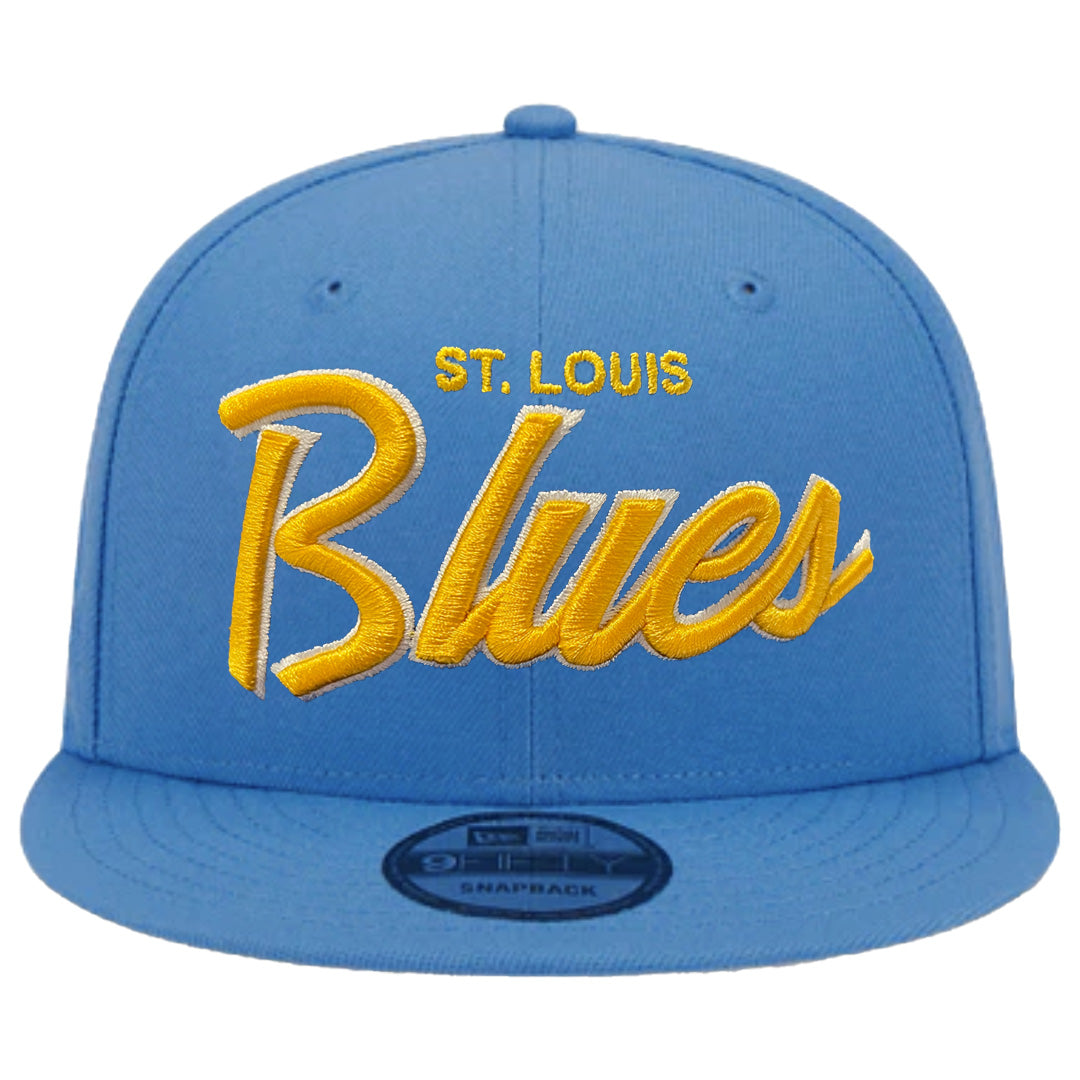 ST. LOUIS BLUES NEW ERA 9FIFTY AIR FORCE BLUE SCRIPT LOGO SNAPBACK HAT