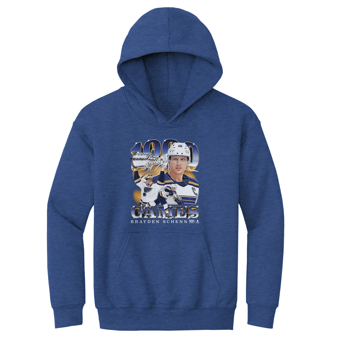 Brayden Schenn St. Louis Blues 1000th Game Youth Hoodie - 3 Colors Kids Youth Hoodie 500 LEVEL Kids Youth Hoodie Heather Royal S