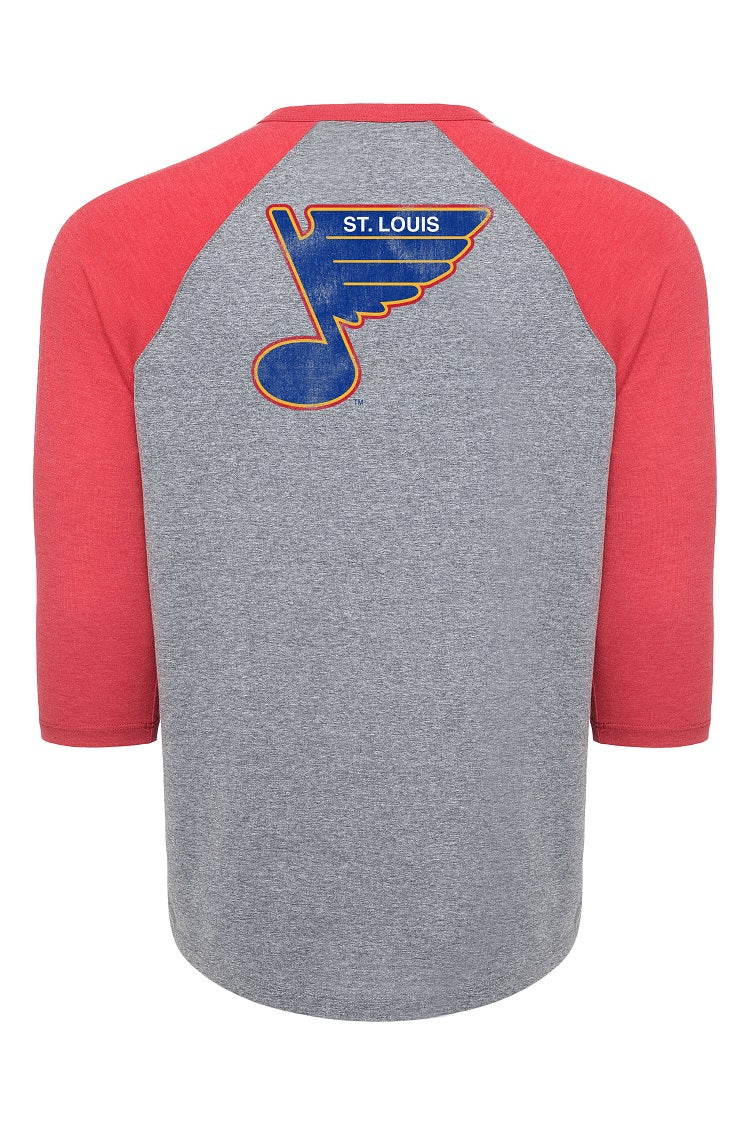ST. LOUIS BLUES SPORTIQE RETRO CIRCLE SCHWARBER RAGLAN TEE - GREY/RED