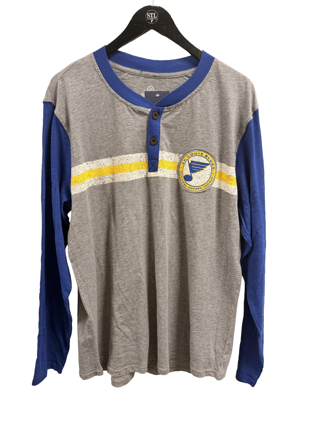 ST. LOUIS BLUES LONG SLEEVE HENLEY STRIPE T SHIRT Long Sleeve Fanatics