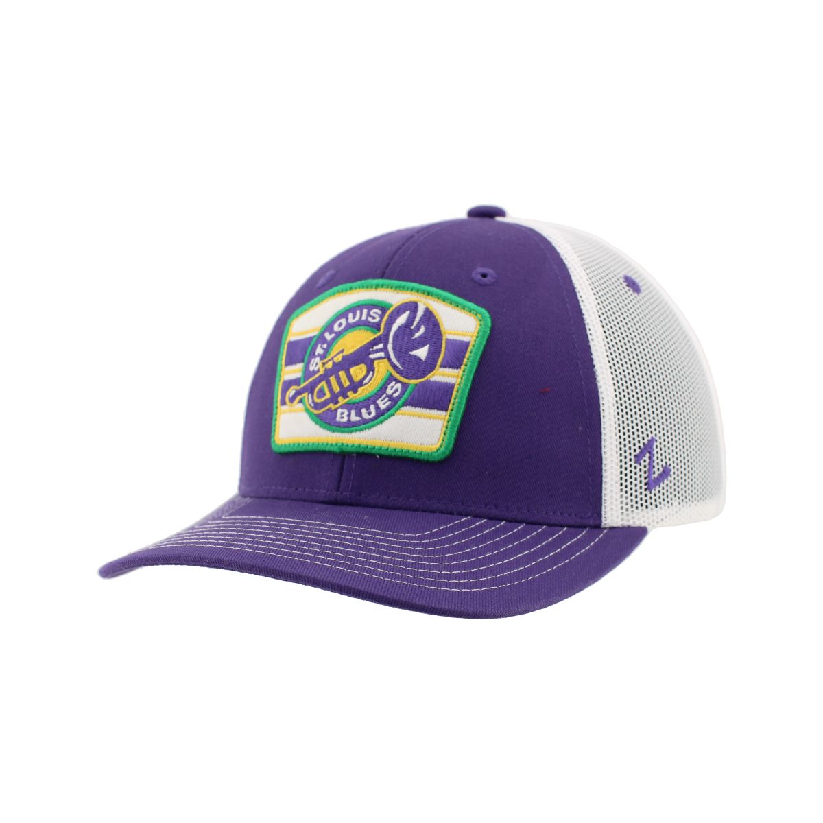 ST. LOUIS BLUES ZEPHYR MARDI GRAS TRUMPET PATCH SNAPBACK - PURPLE