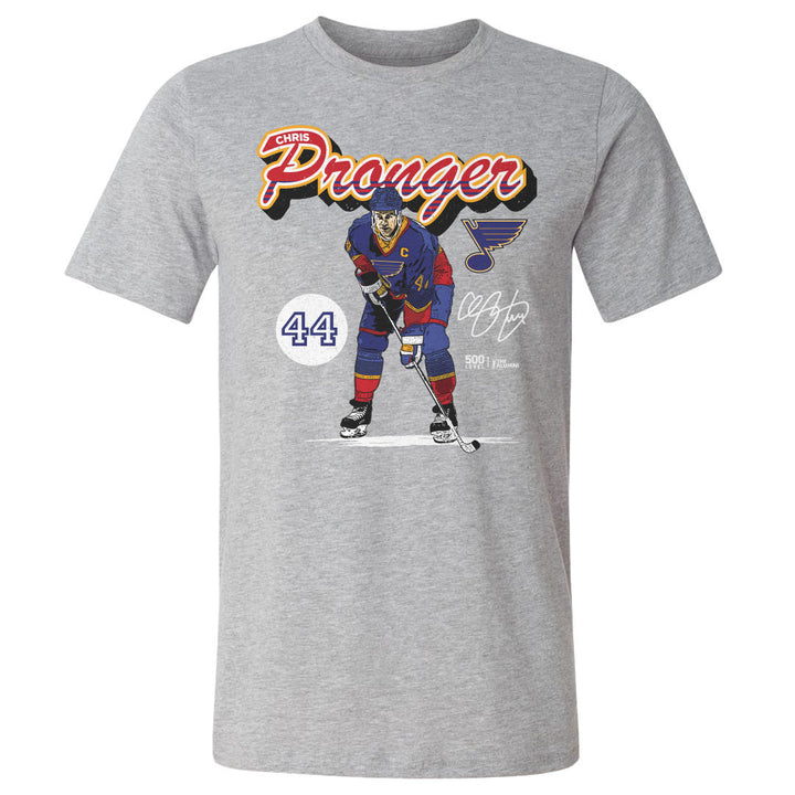 Chris Pronger St. Louis Blues Retro Script Tee - 2 Colors Men's Cotton T-Shirt 500 LEVEL Men's Cotton T-Shirt Heather Gray S