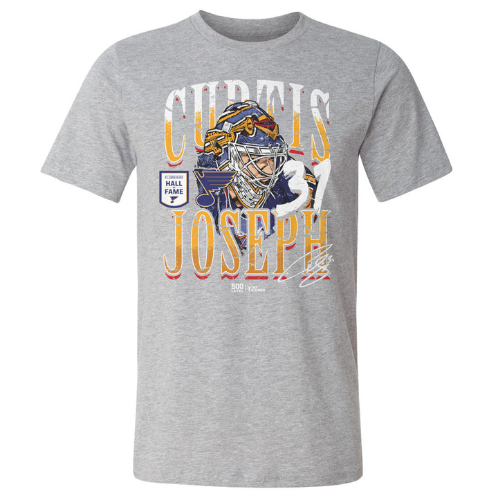 Curtis Joseph St. Louis Blues Trumpet Mask Tee - 2 Colors Men's Cotton T-Shirt 500 LEVEL Men's Cotton T-Shirt Heather Gray S