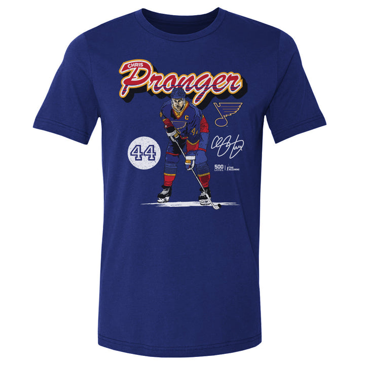 Chris Pronger St. Louis Blues Retro Script Tee - 2 Colors Men's Cotton T-Shirt 500 LEVEL Men's Cotton T-Shirt Royal Blue S