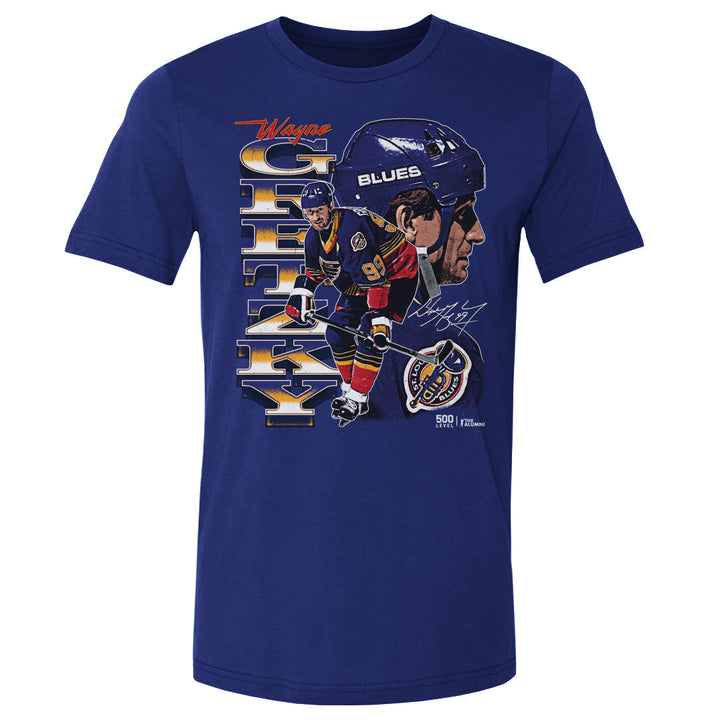 Wayne Gretzky St. Louis Blues Vertical Tee - 2 Colors Men's Cotton T-Shirt 500 LEVEL Men's Cotton T-Shirt Royal Blue S
