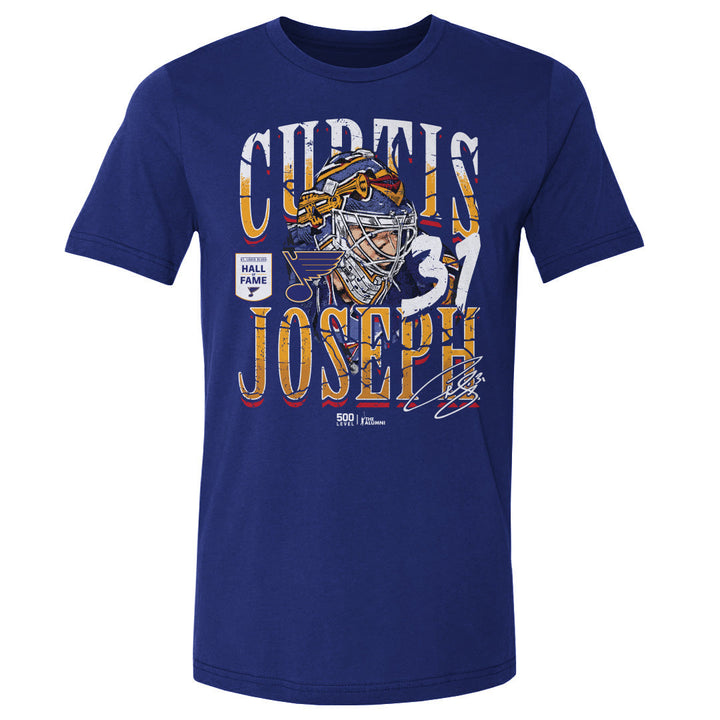 Curtis Joseph St. Louis Blues Trumpet Mask Tee - 2 Colors Men's Cotton T-Shirt 500 LEVEL Men's Cotton T-Shirt Royal Blue S