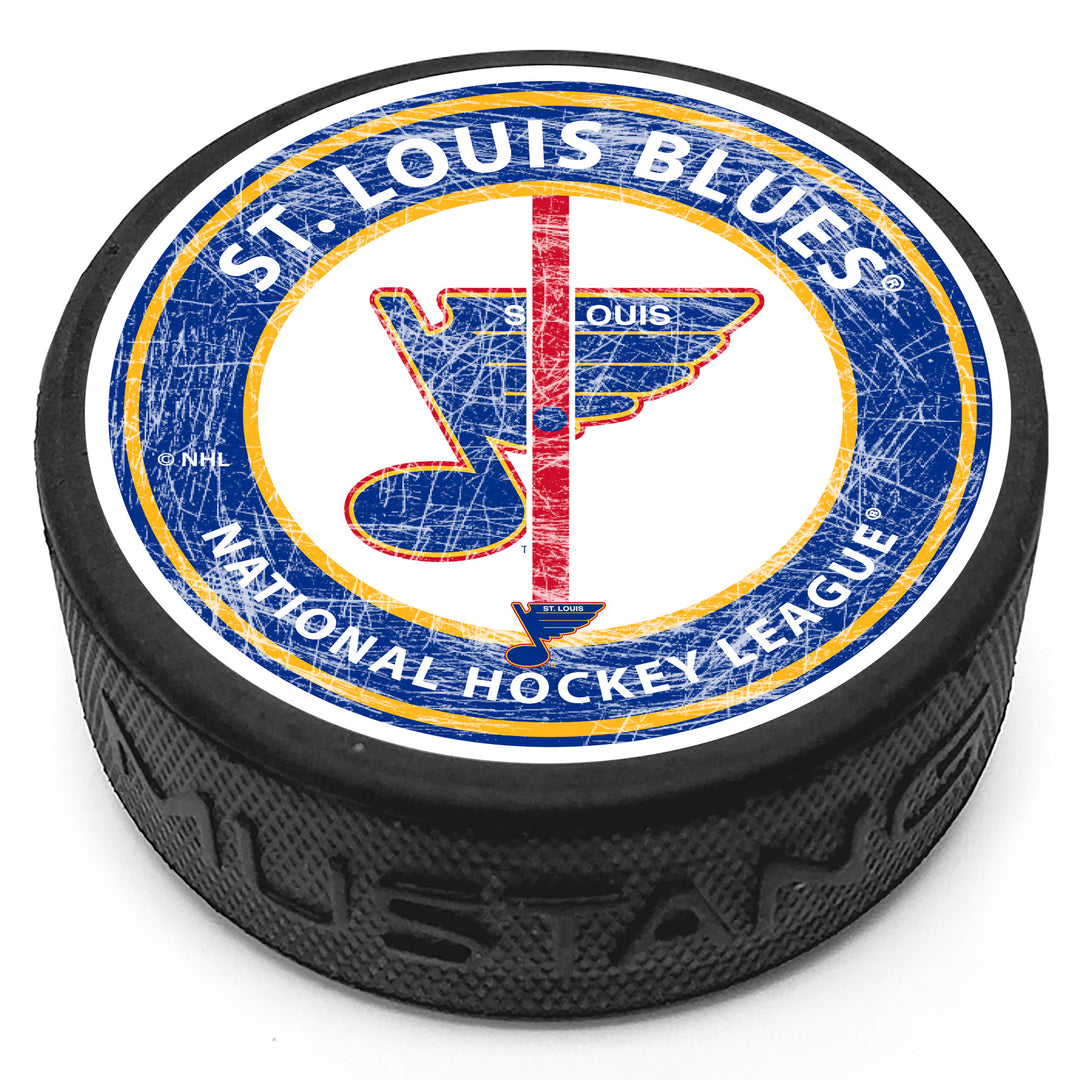 ST. LOUIS BLUES MUSTANG PRODUCTS RETRO CENTER ICE PUCK