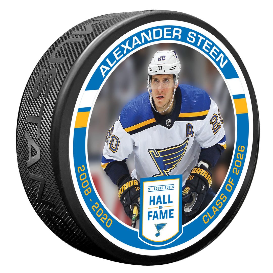 ST. LOUIS BLUES MUSTANG ALEXANDER STEEN HALL OF FAME PUCK - BLACK Puck Mustang Products