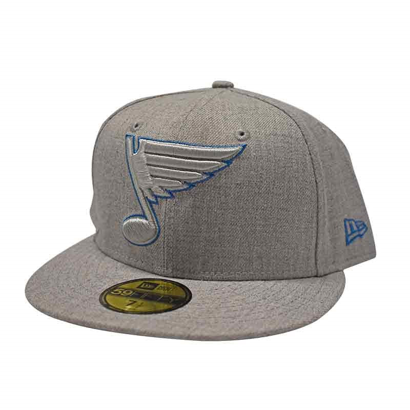 ST. LOUIS BLUES NEW ERA 5950 HERITAGE NOTE AIR FORCE BLUE LOGO POP GREY FITTED HAT