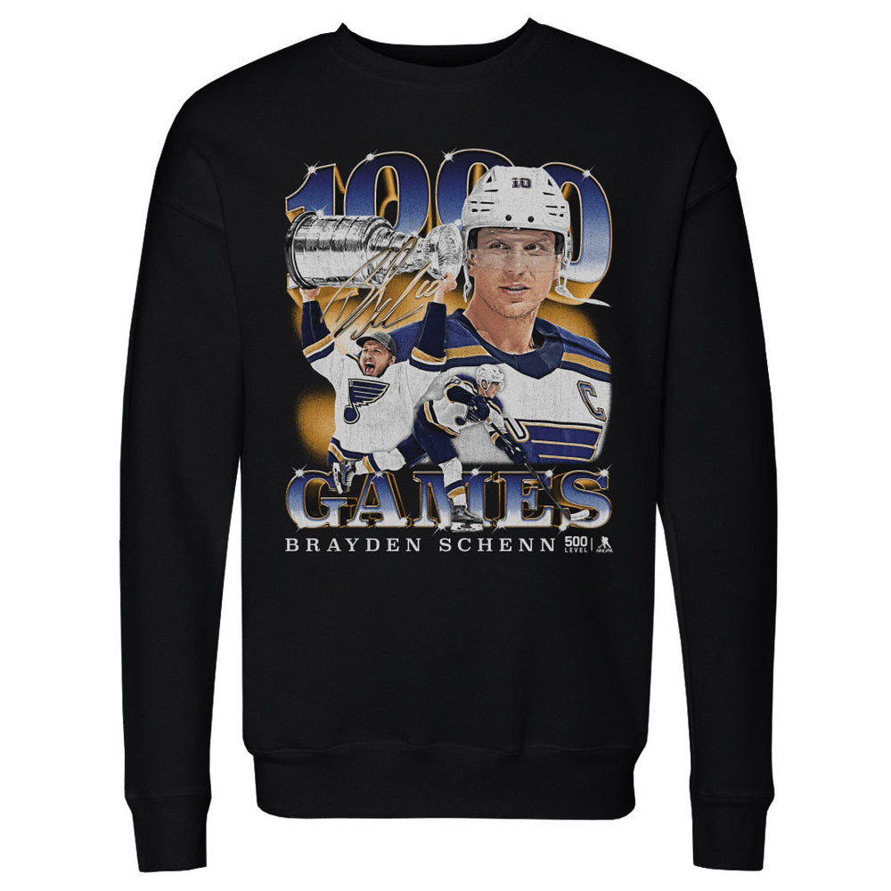 Brayden Schenn St. Louis Blues 1000th Game Crew - 2 Colors Men's Crewneck Sweatshirt 500 LEVEL Men's Crewneck Sweatshirt Black S