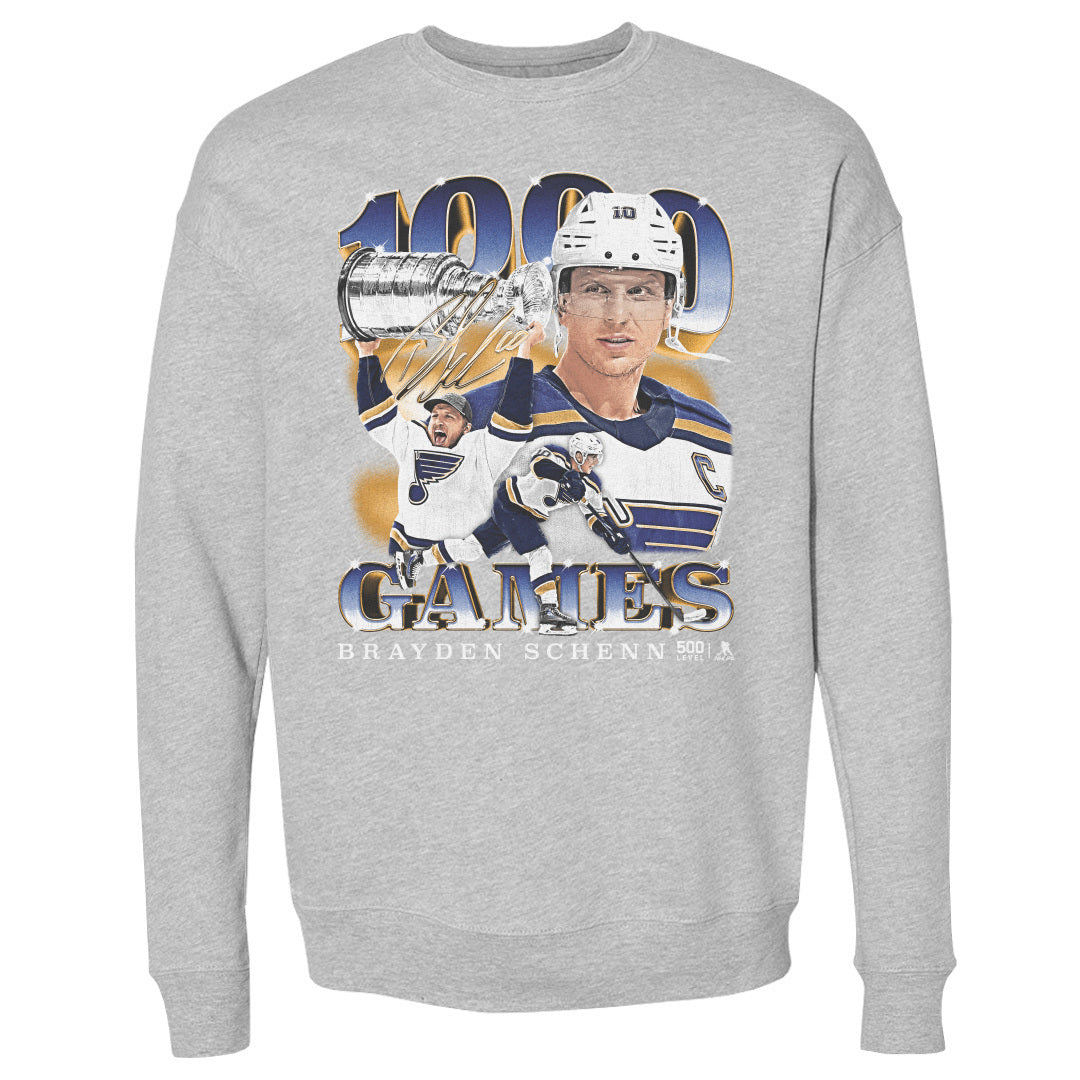 Brayden Schenn St. Louis Blues 1000th Game Crew - 2 Colors Men's Crewneck Sweatshirt 500 LEVEL Men's Crewneck Sweatshirt Heather Gray S