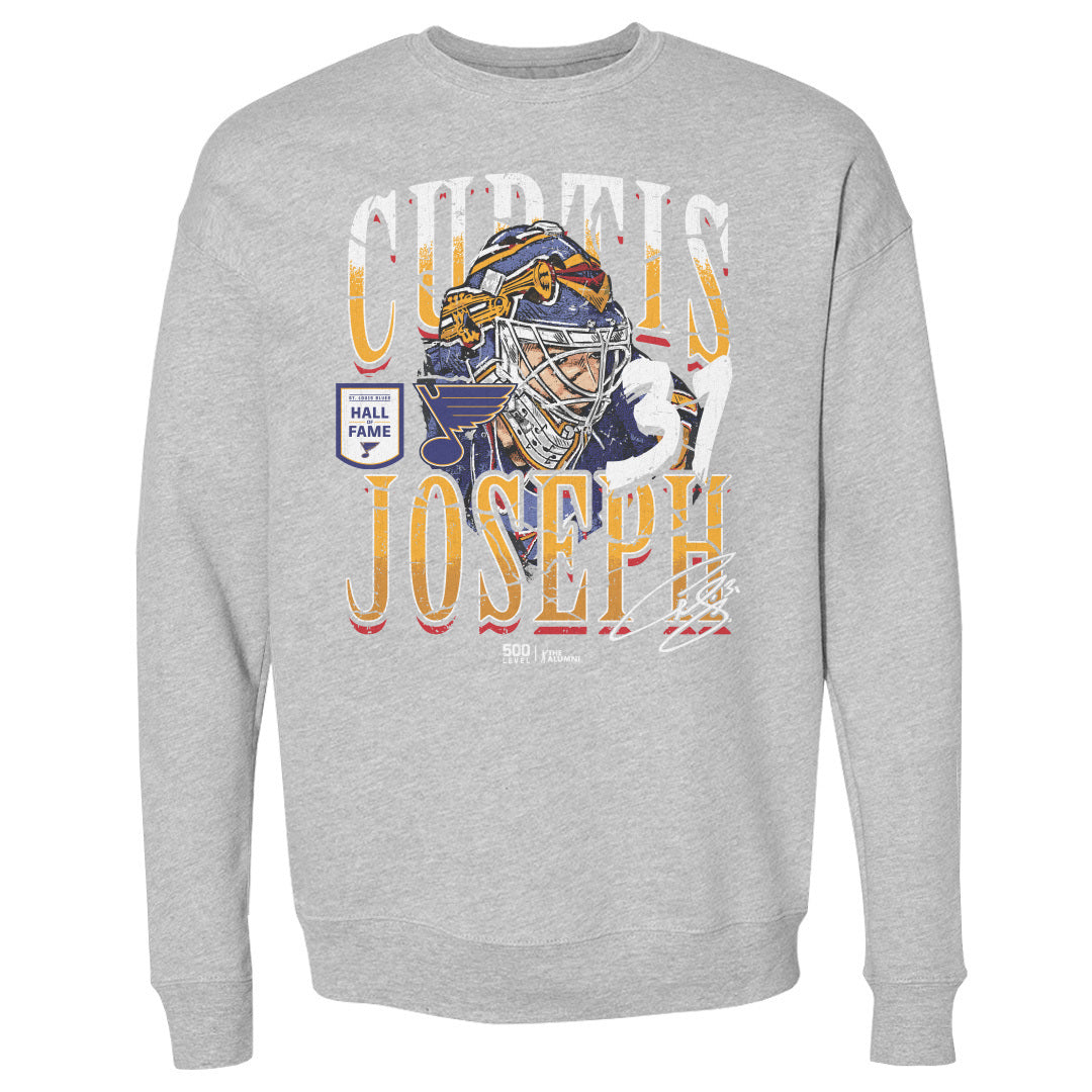 Curtis Joseph St. Louis Blues Trumpet Mask Crew Men's Crewneck Sweatshirt 500 LEVEL Men's Crewneck Sweatshirt Heather Gray S