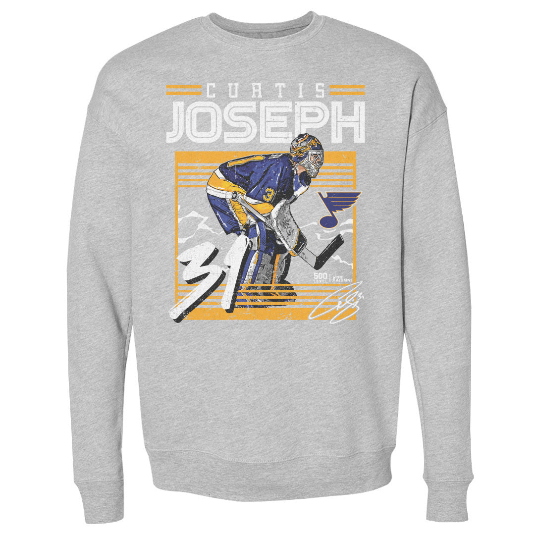 Curtis Joseph St. Louis Blues Frame Crew Men's Crewneck Sweatshirt 500 LEVEL Men's Crewneck Sweatshirt Heather Gray S