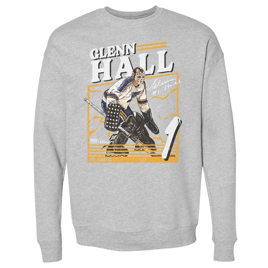 Glenn Hall St Louis Blues Power Crew Men's Crewneck Sweatshirt 500 LEVEL Men's Crewneck Sweatshirt Heather Gray S