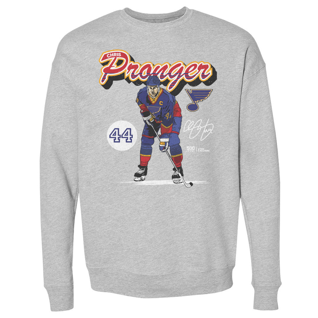 Chris Pronger St. Louis Blues Retro Script Crew Men's Crewneck Sweatshirt 500 LEVEL Men's Crewneck Sweatshirt Heather Gray S