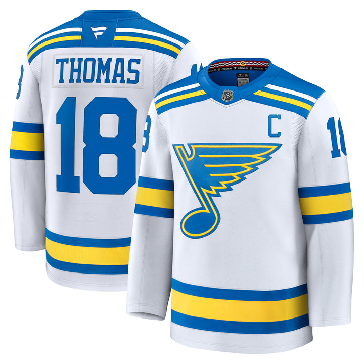 ST. LOUIS BLUES FANATICS PREMIUM HEAT PRESSED ROAD JERSEY - THOMAS #18 WITH C