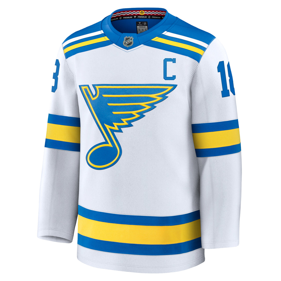 ST. LOUIS BLUES FANATICS PREMIUM HEAT PRESSED ROAD JERSEY - THOMAS #18 WITH C