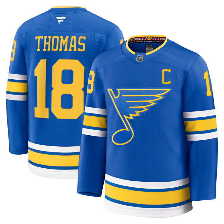 ST. LOUIS BLUES FANATICS PREMIUM HEAT PRESSED HOME JERSEY - THOMAS #18 WITH C