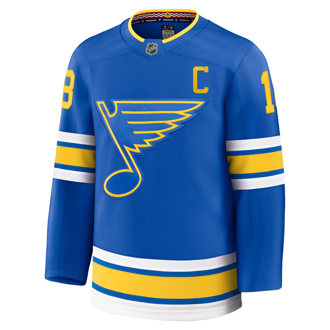 ST. LOUIS BLUES FANATICS PREMIUM HEAT PRESSED HOME JERSEY - THOMAS #18 WITH C