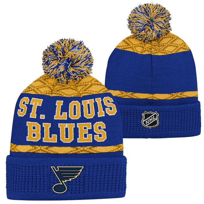 ST. LOUIS BLUES YOUTH PUCK PATTERN POM KNIT BEANIE - ROYAL/GOLD Knit Outerstuff   