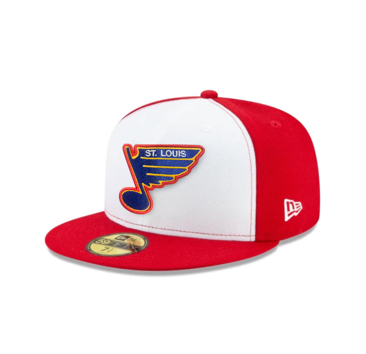 ST. LOUIS BLUES 90'S NOTE NEW ERA 5950 COLORBLOCK WHITE AND RED FITTED HAT