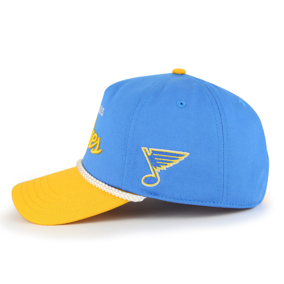 ST. LOUIS BLUES AMERICAN NEEDLE ROSCOE ROPE SNAPBACK HAT- AIR FORCE BLUE/YELLOW