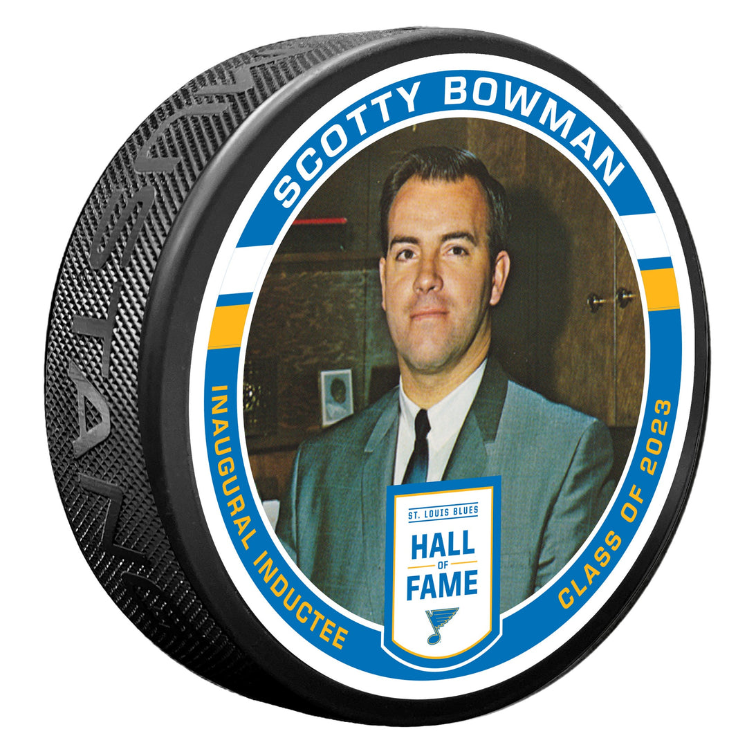 ST. LOUIS BLUES MUSTANG SCOTTY BOWMAN HALL OF FAME PUCK - BLACK Puck Mustang Products