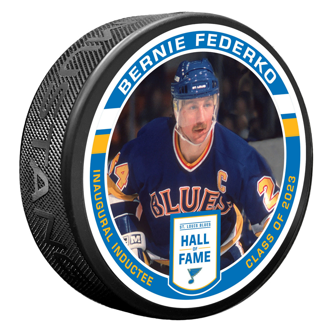 ST. LOUIS BLUES MUSTANG BERNIE FEDERKO HALL OF FAME PUCK - BLACK Puck Mustang Products