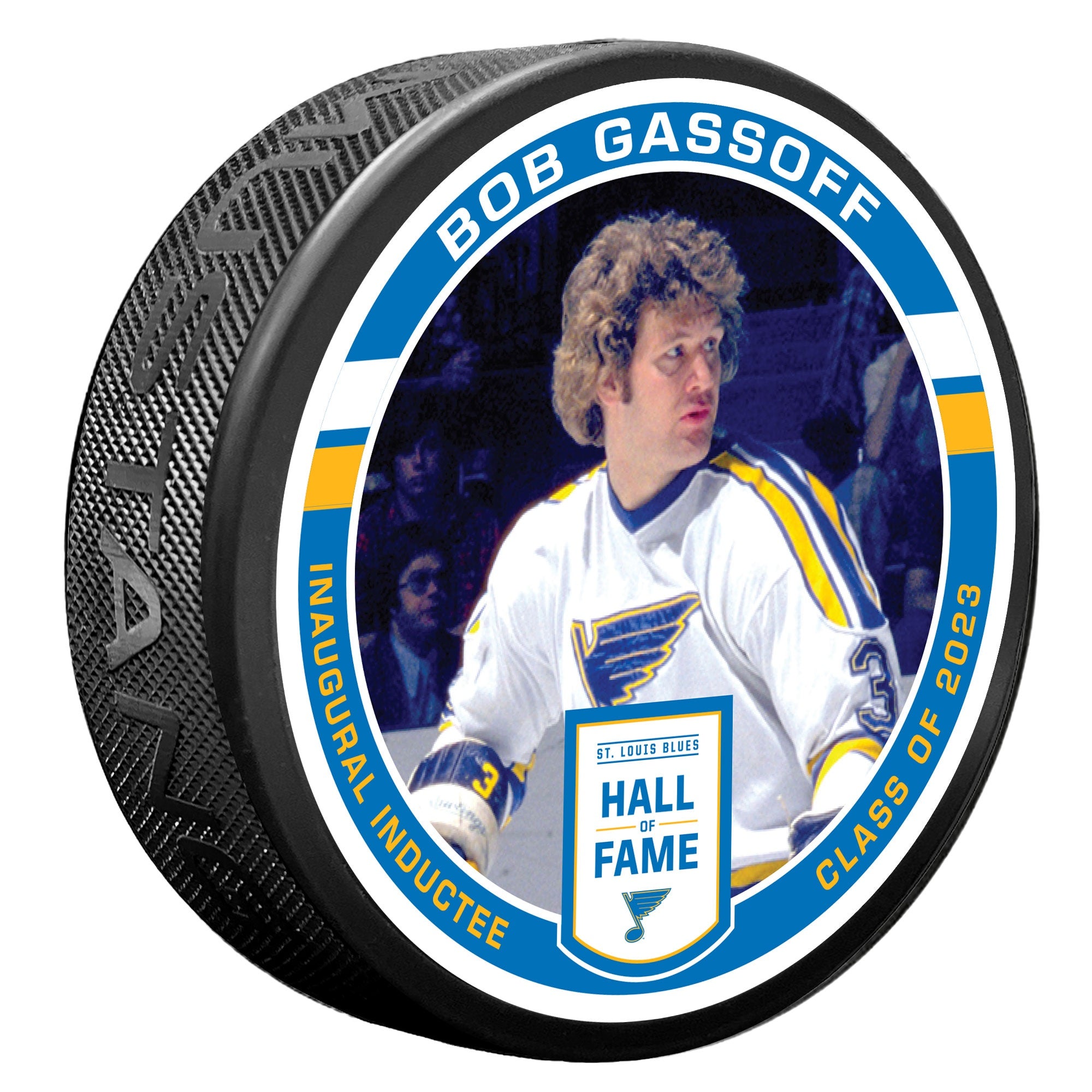 ST. LOUIS BLUES MUSTANG BOB GASSOFF HALL OF FAME PUCK - BLACK