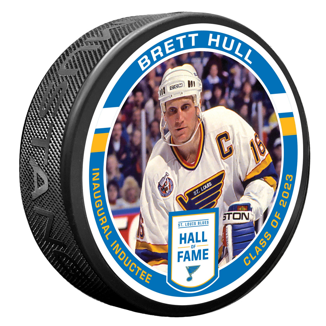 ST. LOUIS BLUES MUSTANG BRETT HULL HALL OF FAME PUCK - BLACK Puck Mustang Products